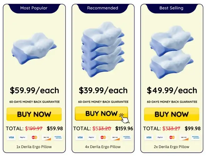 Derila Ergo Cervical Pillow Pricing USA — 1, 2 or 3 Pillow Packages